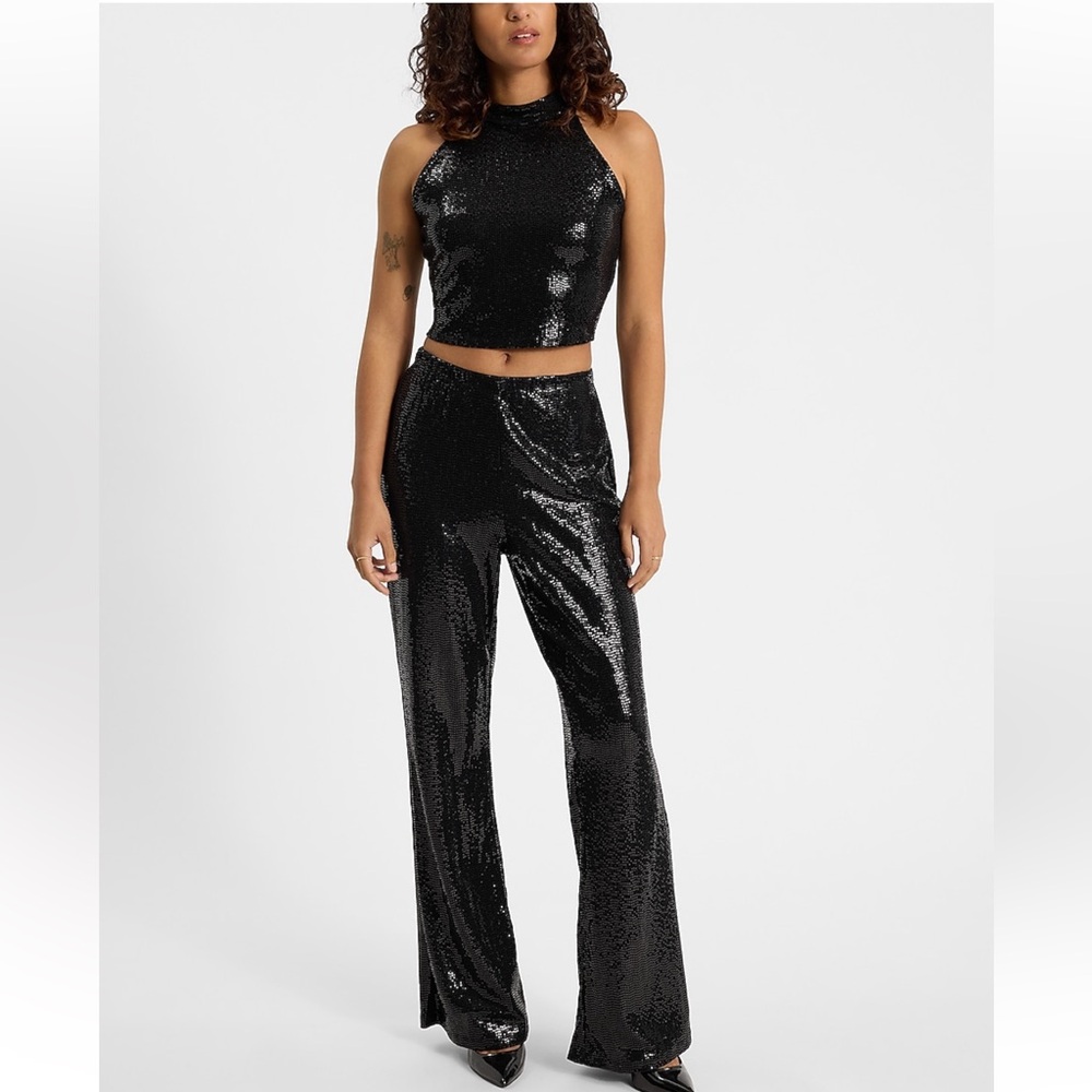NWT Bath & Body Works XL Black Dot Sequin Halter Neck Cropped Tank Top